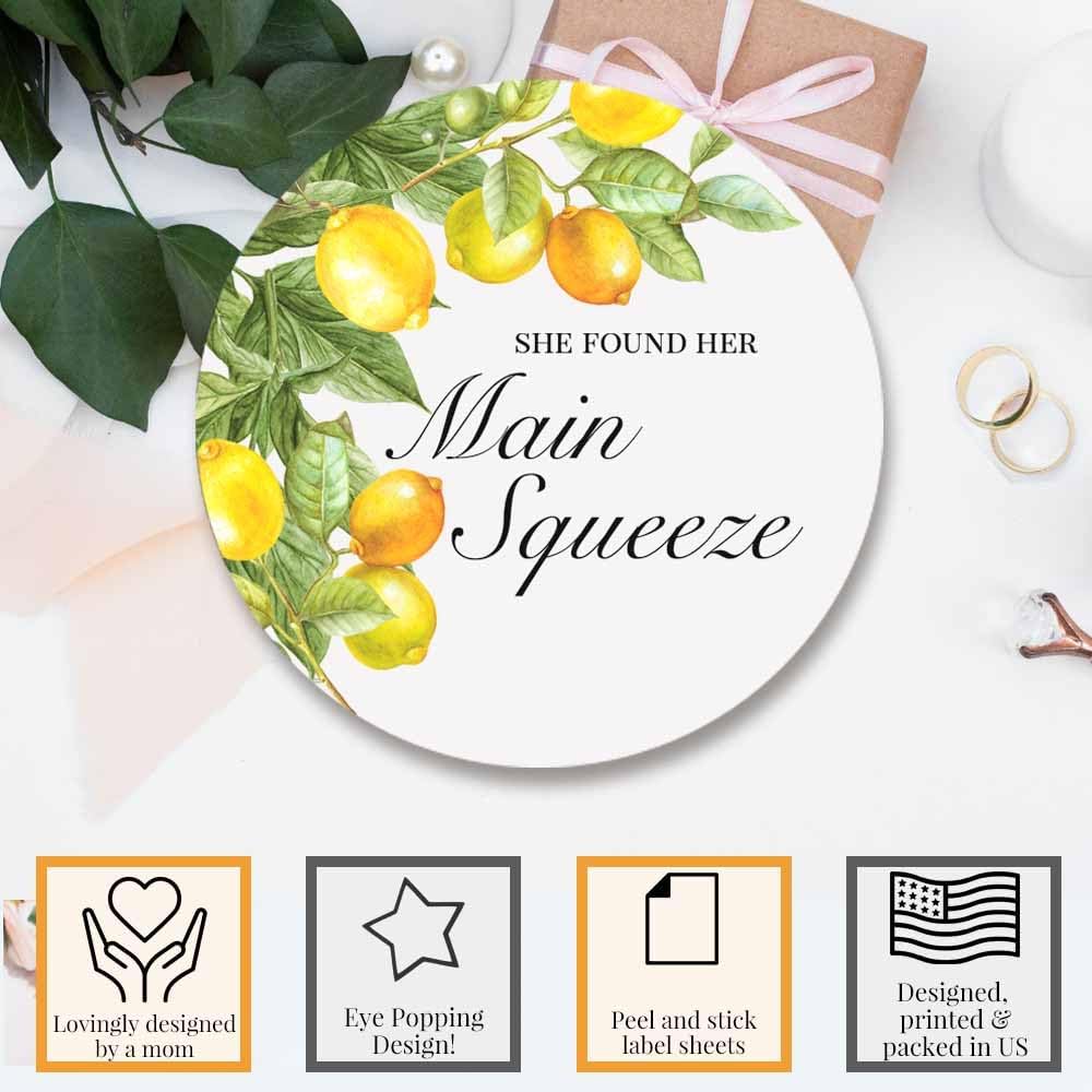 She Found Her Main Squeeze Lemon Bridal Shower Stickers – 40ct 2" Round Citrus Party Favor Labels – Lemon Theme Gift Bag Seals & Envelope Stickers
