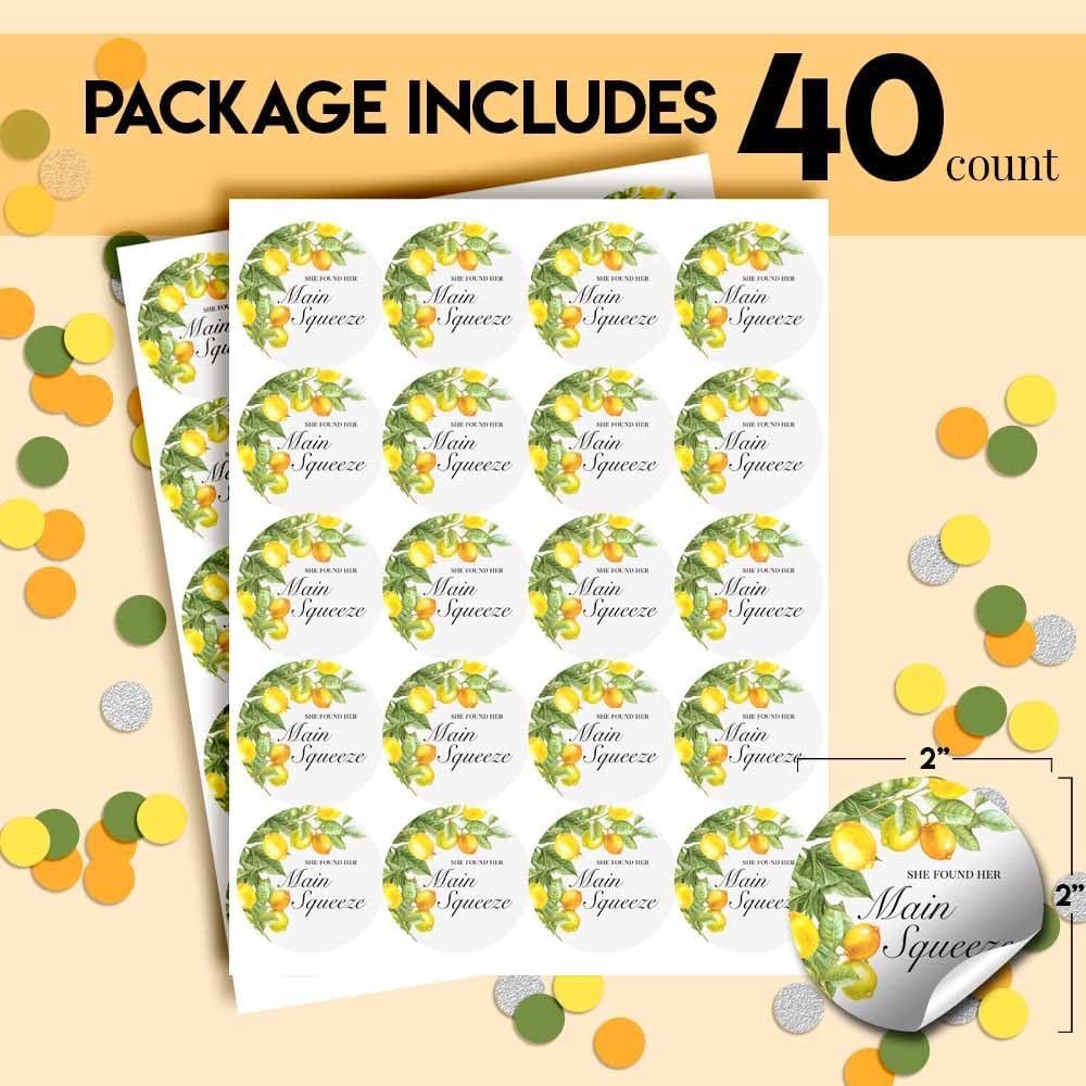 She Found Her Main Squeeze Lemon Bridal Shower Stickers – 40ct 2" Round Citrus Party Favor Labels – Lemon Theme Gift Bag Seals & Envelope Stickers