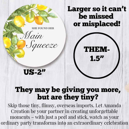She Found Her Main Squeeze Lemon Bridal Shower Stickers – 40ct 2" Round Citrus Party Favor Labels – Lemon Theme Gift Bag Seals & Envelope Stickers