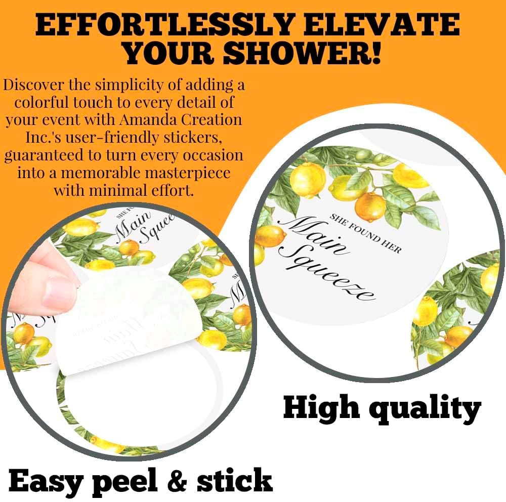 She Found Her Main Squeeze Lemon Bridal Shower Stickers – 40ct 2" Round Citrus Party Favor Labels – Lemon Theme Gift Bag Seals & Envelope Stickers