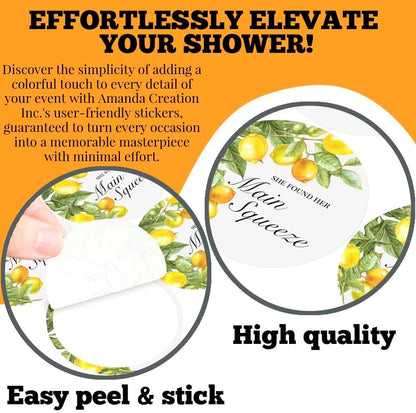 She Found Her Main Squeeze Lemon Bridal Shower Stickers – 40ct 2" Round Citrus Party Favor Labels – Lemon Theme Gift Bag Seals & Envelope Stickers