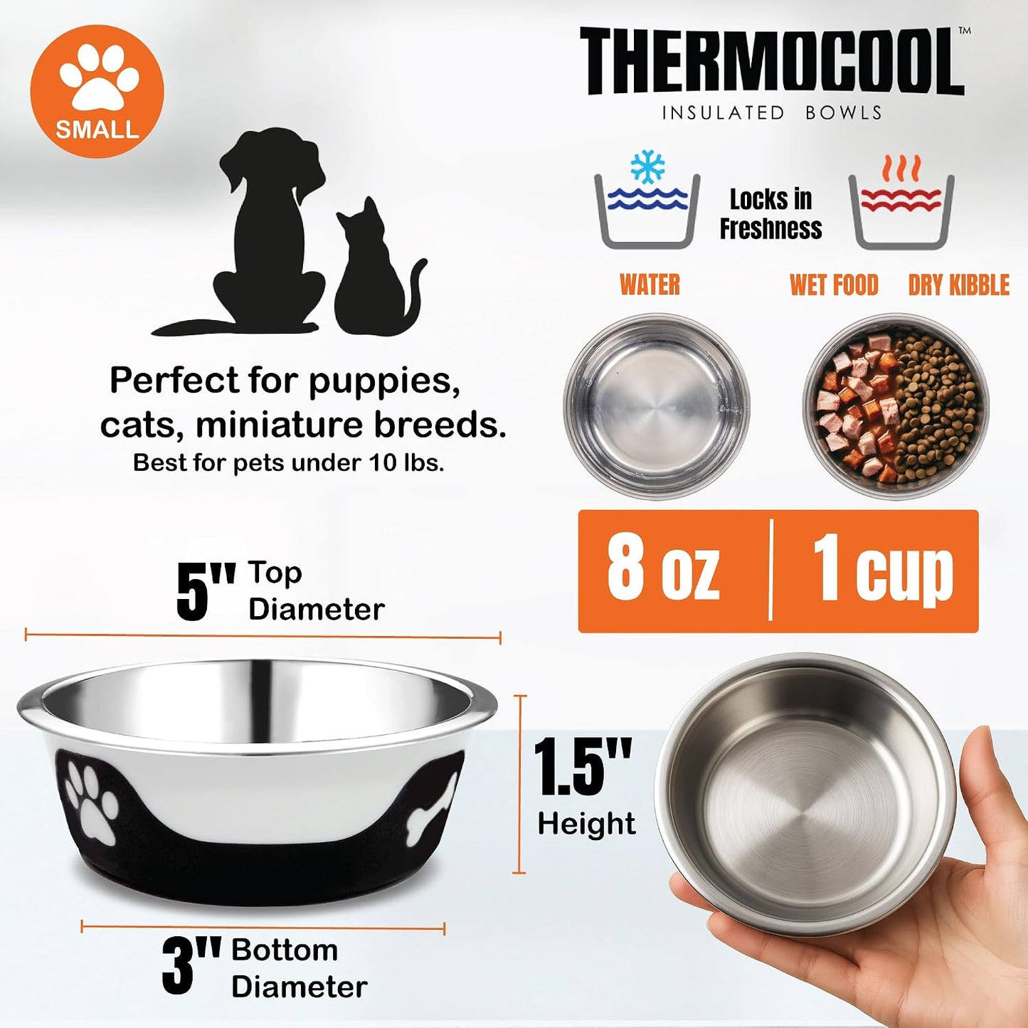 Thermocool Insulated Stainless Steel Pet Bowl - 8 Oz (X-Small) Non-Slip Feeding Dish Reduces Sliding & Spills, Keeps Water Cold & Food Warm, Dishwasher Safe (Orange)