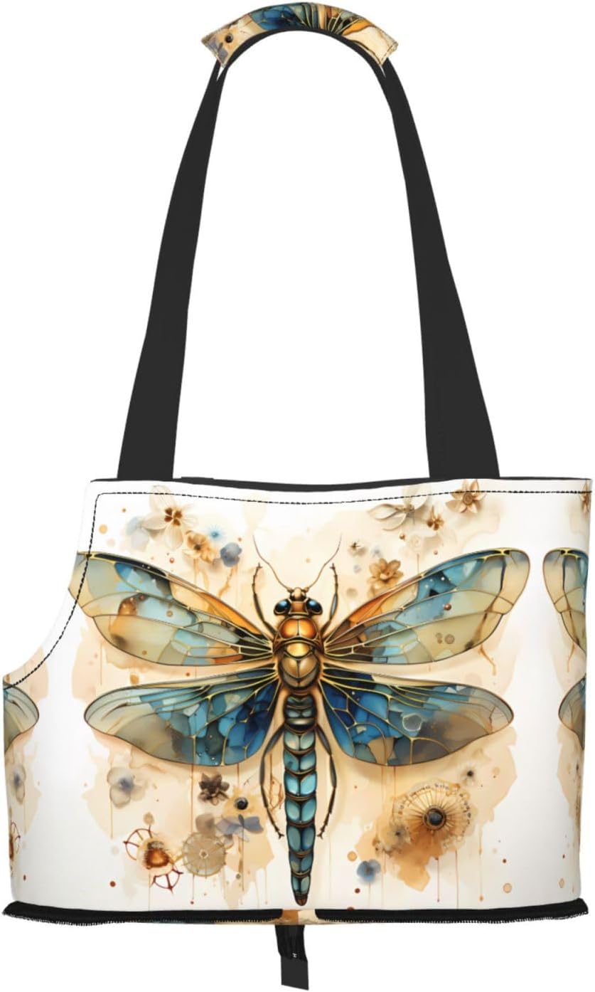 Golden Delicate Dragonfly on Yellow Background Print Cat Carriers Pet Bag,Small Dog Purse Lightweight Puppy Carrier,for Small Pups Handbag Outdoor