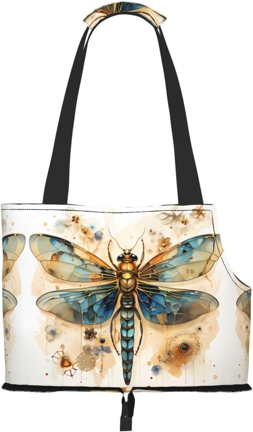 Golden Delicate Dragonfly on Yellow Background Print Cat Carriers Pet Bag,Small Dog Purse Lightweight Puppy Carrier,for Small Pups Handbag Outdoor