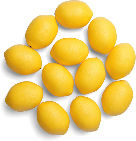 12Pcs Fake Lemons, Realistic Faux Yellow Lemon Decor for Kitchen | Artificial lemons for decoration, Faux limes & lemon party decorations, for Summer table, Lemonade stand, Fruit bowl filler