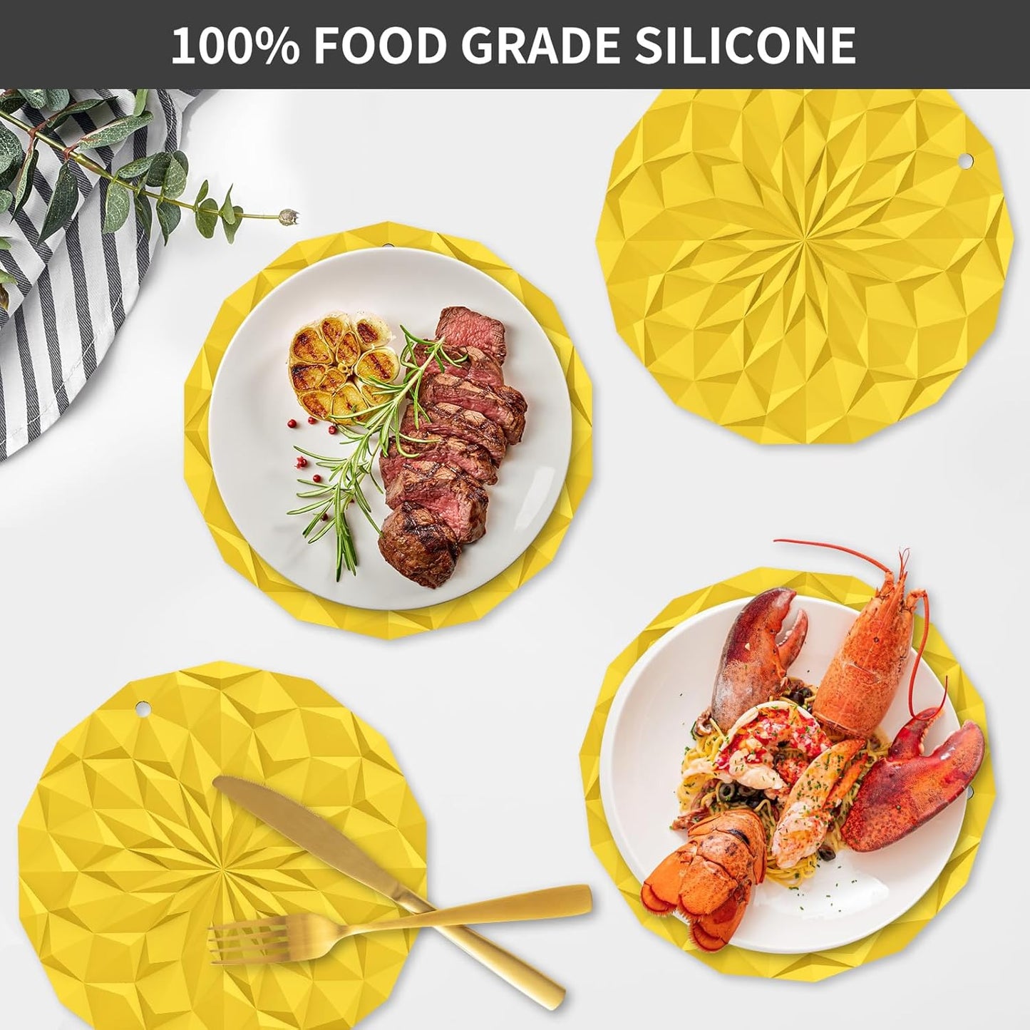Silicone Trivet Mats - 4 Pack Pot Holders - 7.4'' Thickened Hot Pads for Hot pots, Pans and Dishes, Heat Resistant Silicone Trivet for Table and Counter Top Yellow