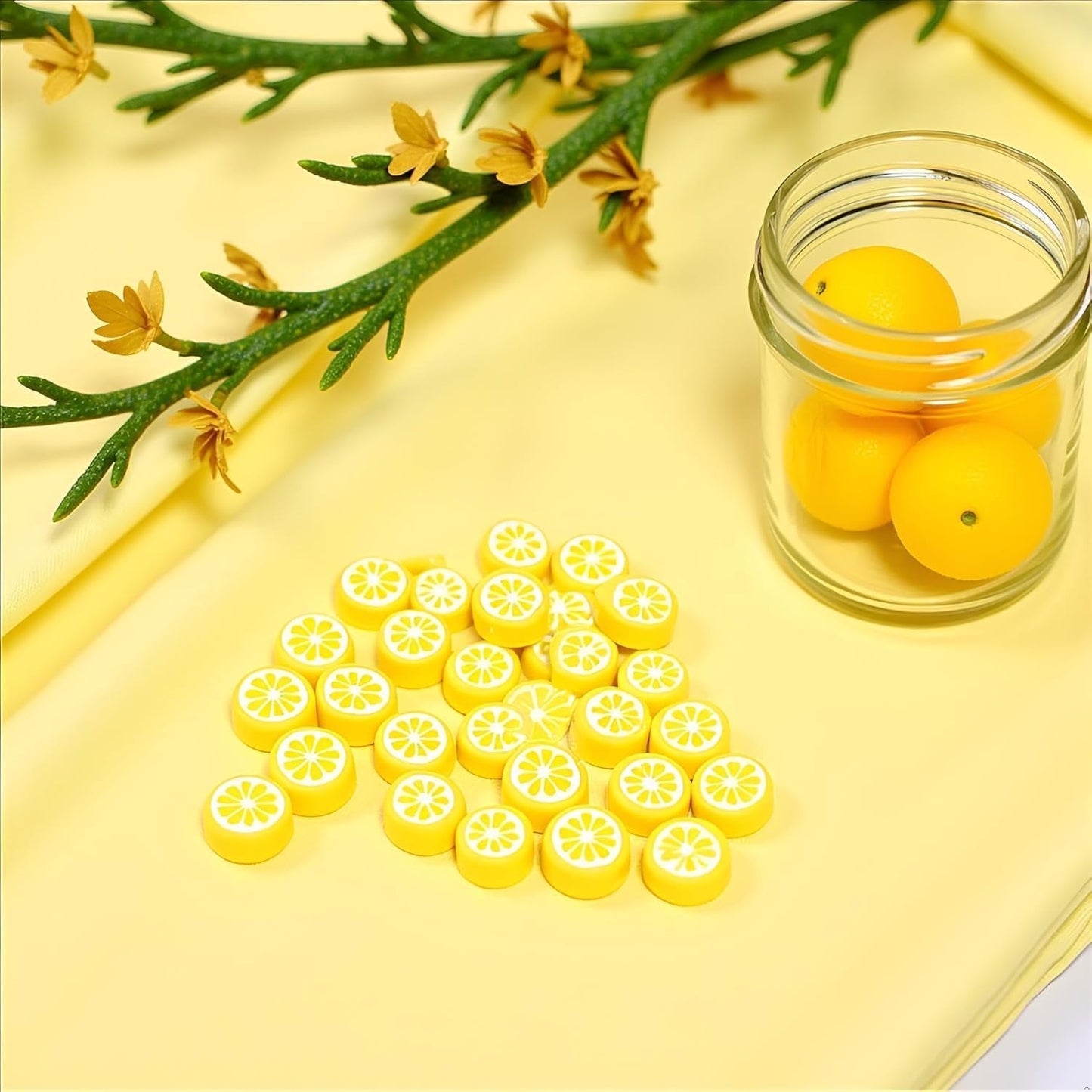200Pcs Yellow Lemon Polymer Clay Beads Fruit Charm Beads Flat Spacer Beads Jewelry Making Supplies for Necklace Earring Bracelet Making Lemon, Decorations (10mm)