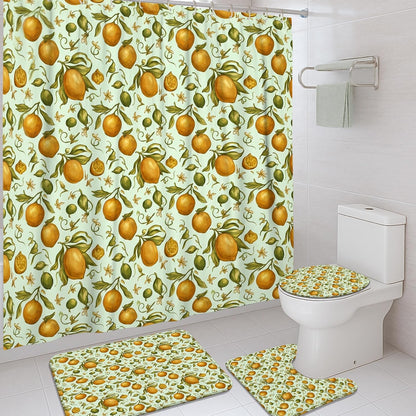 Lemon Shower Curtain Sets, Summer Botanical Leaf Citrus Summer Yellow Polyester Waterproof Bathroom Sets with Shower Curtain and Rugs for Home Bath Toile Hotel Decor 72x72 Inch