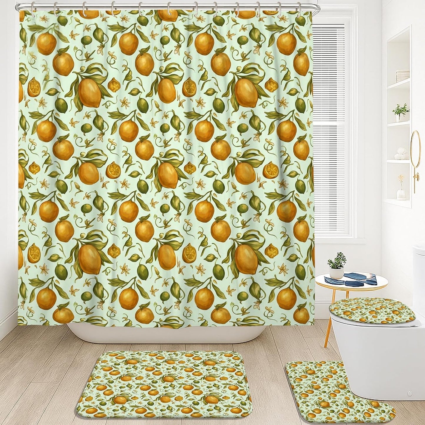 Lemon Shower Curtain Sets, Summer Botanical Leaf Citrus Summer Yellow Polyester Waterproof Bathroom Sets with Shower Curtain and Rugs for Home Bath Toile Hotel Decor 72x72 Inch