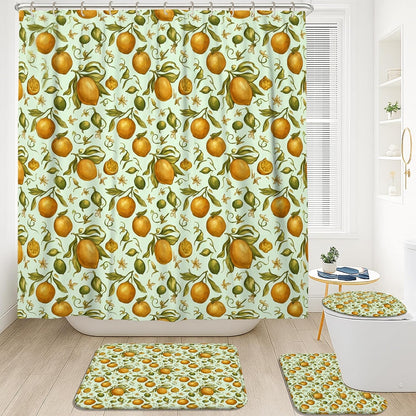 Lemon Shower Curtain Sets, Summer Botanical Leaf Citrus Summer Yellow Polyester Waterproof Bathroom Sets with Shower Curtain and Rugs for Home Bath Toile Hotel Decor 72x72 Inch