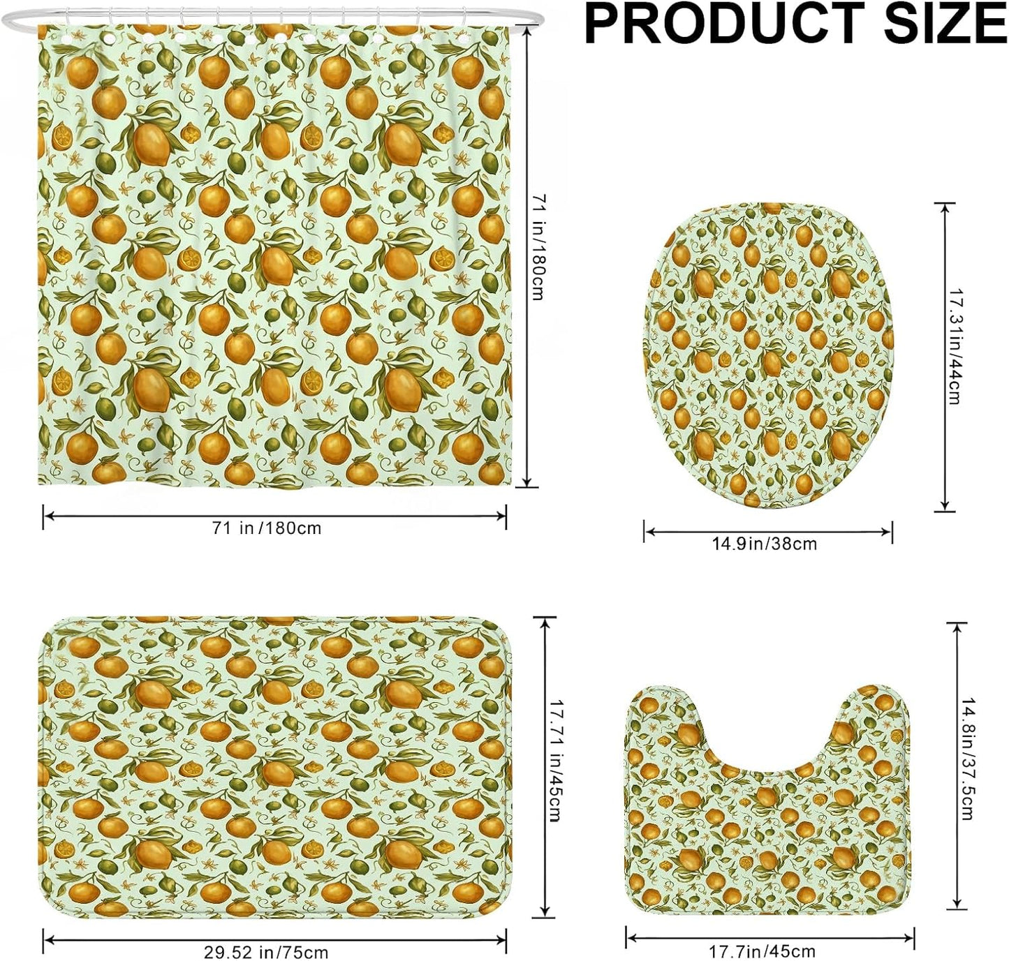 Lemon Shower Curtain Sets, Summer Botanical Leaf Citrus Summer Yellow Polyester Waterproof Bathroom Sets with Shower Curtain and Rugs for Home Bath Toile Hotel Decor 72x72 Inch