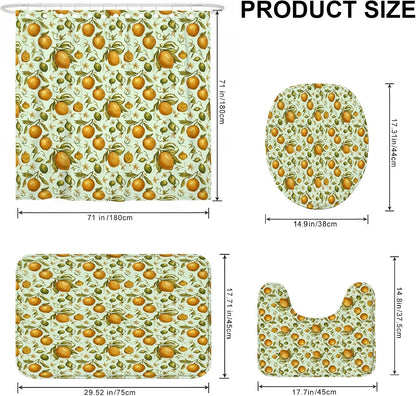 Lemon Shower Curtain Sets, Summer Botanical Leaf Citrus Summer Yellow Polyester Waterproof Bathroom Sets with Shower Curtain and Rugs for Home Bath Toile Hotel Decor 72x72 Inch
