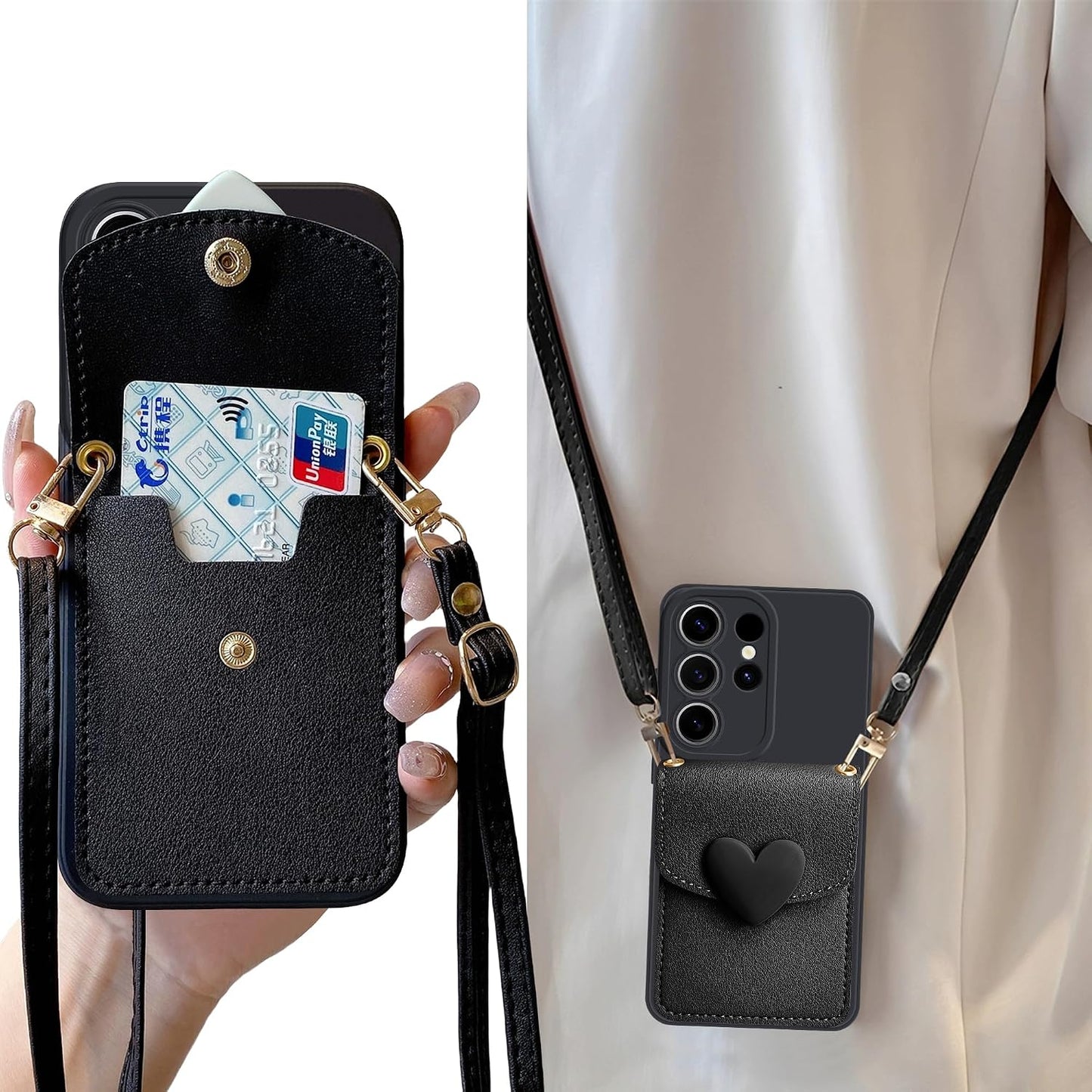 for Samsung Galaxy S26 Ultra Case with Strap Card Holder Crossbody Lanyard, Cute Phone Wallet Case for Women Girls, Black Heart Design Leather Purse Soft Silicone Cover for Galaxy S26 Ultra