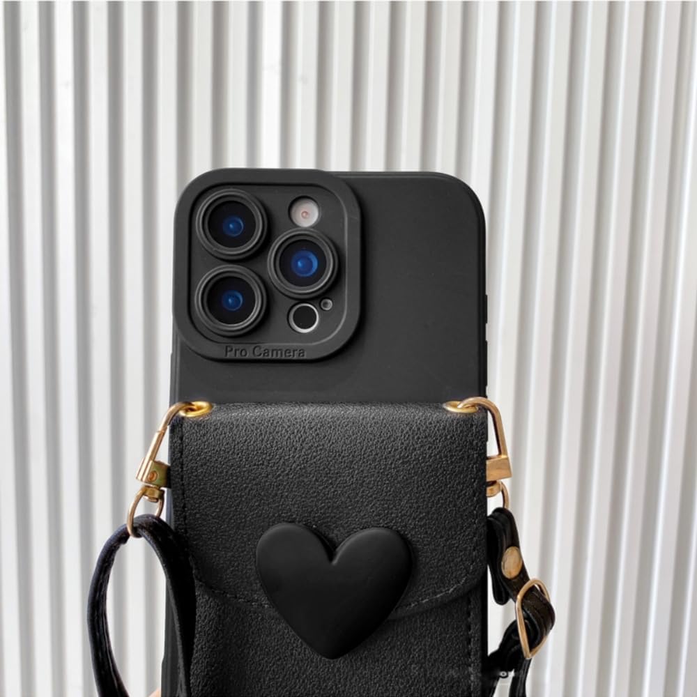 for Samsung Galaxy S26 Ultra Case with Strap Card Holder Crossbody Lanyard, Cute Phone Wallet Case for Women Girls, Black Heart Design Leather Purse Soft Silicone Cover for Galaxy S26 Ultra