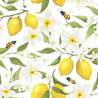 17.5"x275" Yellow Lemon Wallpaper Prepasted Bee Lemon Peel and Stick Wallpaper Floral Wall Paper White Flower Contact Paper for Cabinets and Drawers Walls Shelves Kids Bathroom Waterproof