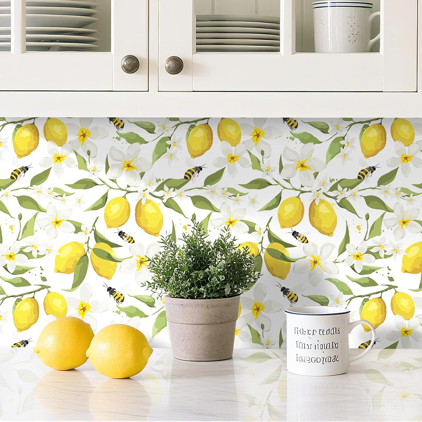 17.5"x275" Yellow Lemon Wallpaper Prepasted Bee Lemon Peel and Stick Wallpaper Floral Wall Paper White Flower Contact Paper for Cabinets and Drawers Walls Shelves Kids Bathroom Waterproof