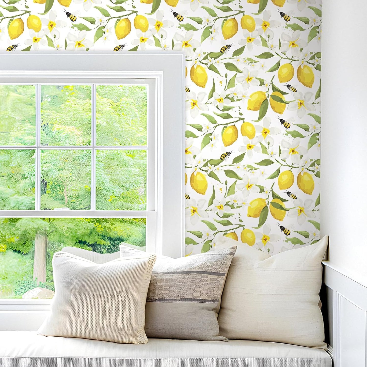 17.5"x275" Yellow Lemon Wallpaper Prepasted Bee Lemon Peel and Stick Wallpaper Floral Wall Paper White Flower Contact Paper for Cabinets and Drawers Walls Shelves Kids Bathroom Waterproof