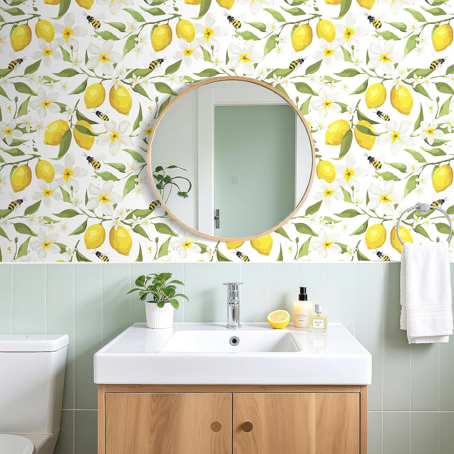 17.5"x275" Yellow Lemon Wallpaper Prepasted Bee Lemon Peel and Stick Wallpaper Floral Wall Paper White Flower Contact Paper for Cabinets and Drawers Walls Shelves Kids Bathroom Waterproof