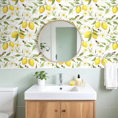 17.5"x275" Yellow Lemon Wallpaper Prepasted Bee Lemon Peel and Stick Wallpaper Floral Wall Paper White Flower Contact Paper for Cabinets and Drawers Walls Shelves Kids Bathroom Waterproof