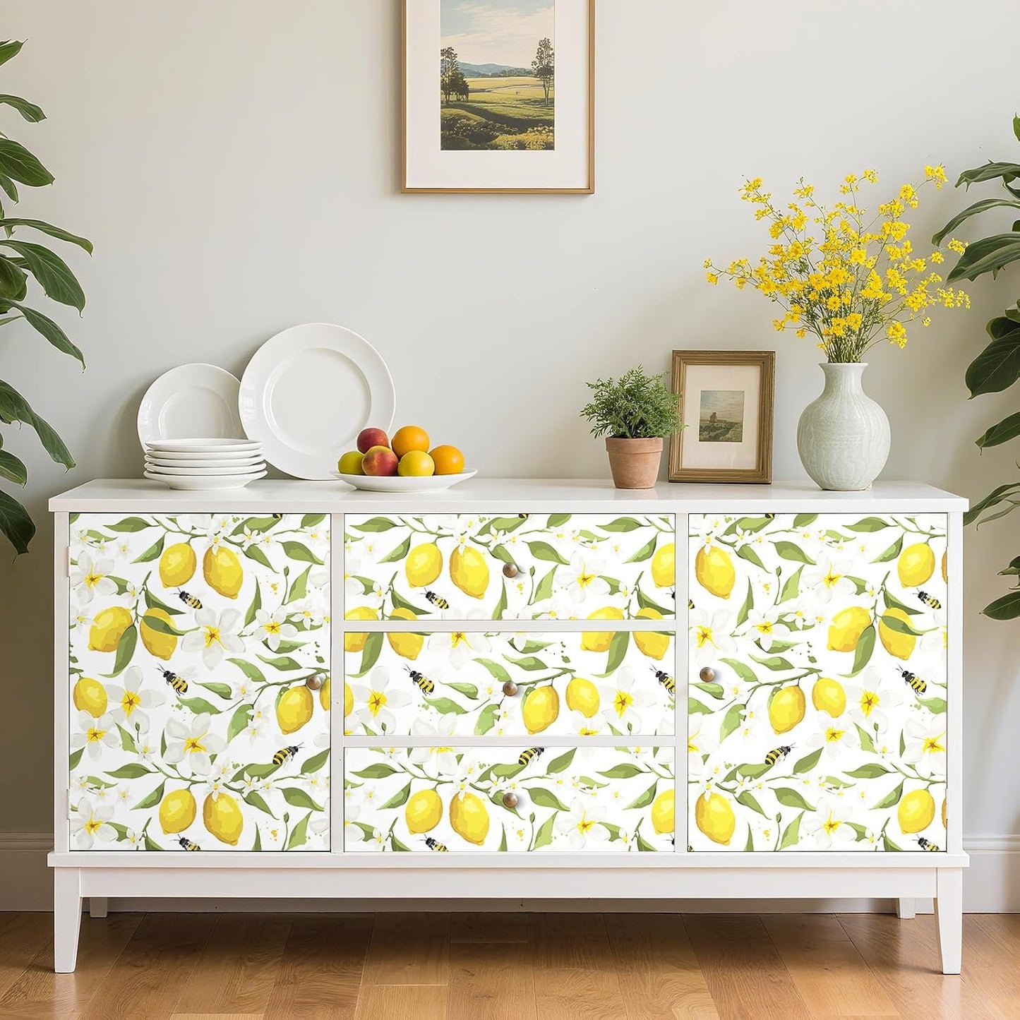 17.5"x275" Yellow Lemon Wallpaper Prepasted Bee Lemon Peel and Stick Wallpaper Floral Wall Paper White Flower Contact Paper for Cabinets and Drawers Walls Shelves Kids Bathroom Waterproof