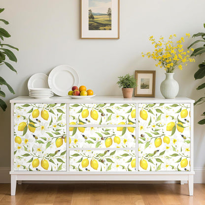 17.5"x275" Yellow Lemon Wallpaper Prepasted Bee Lemon Peel and Stick Wallpaper Floral Wall Paper White Flower Contact Paper for Cabinets and Drawers Walls Shelves Kids Bathroom Waterproof