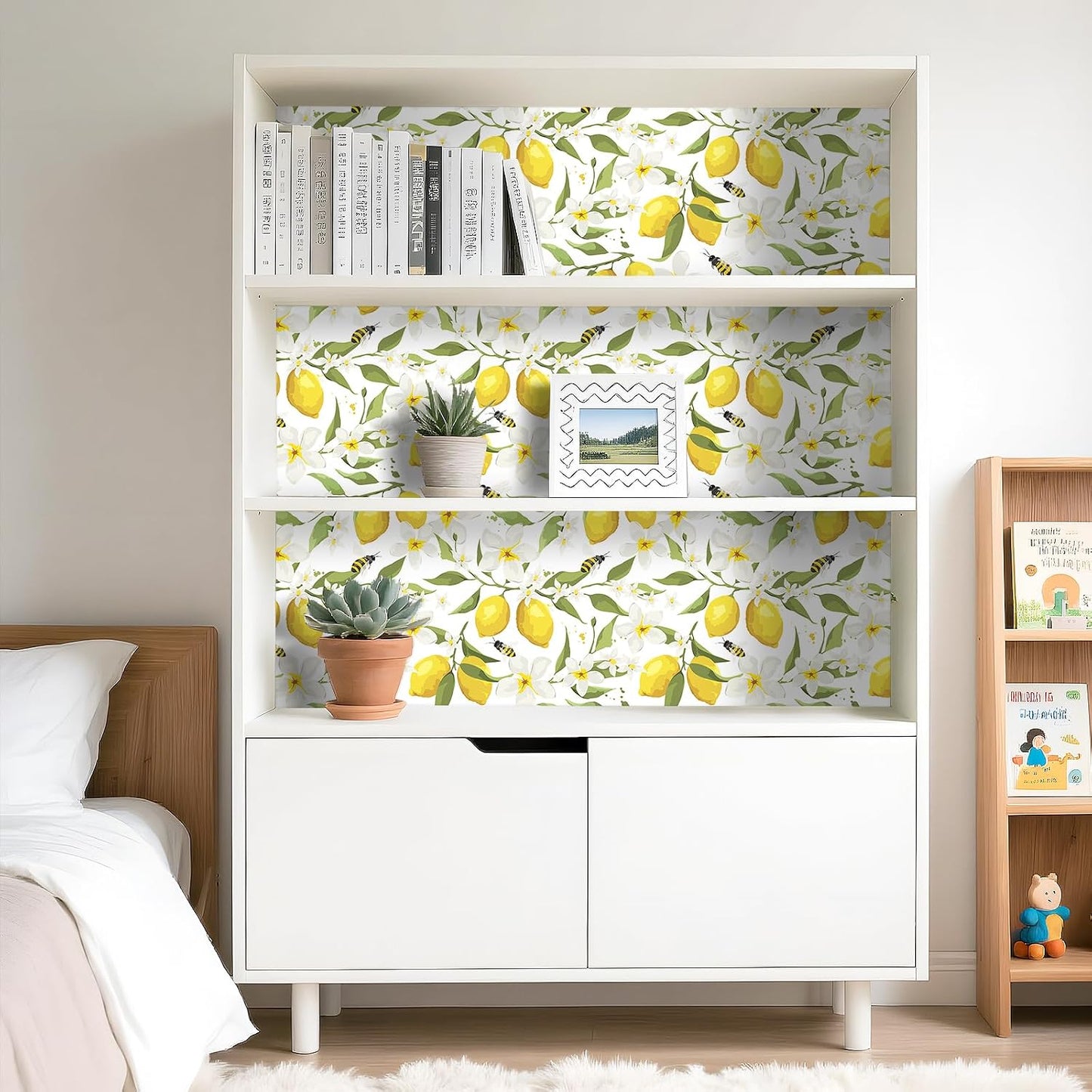 17.5"x275" Yellow Lemon Wallpaper Prepasted Bee Lemon Peel and Stick Wallpaper Floral Wall Paper White Flower Contact Paper for Cabinets and Drawers Walls Shelves Kids Bathroom Waterproof