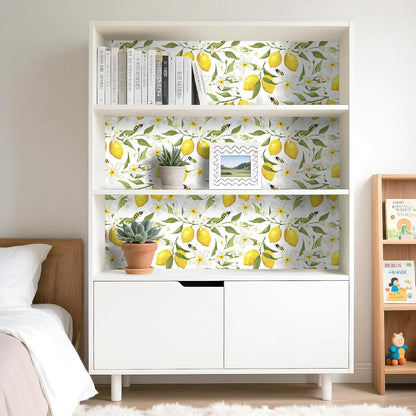 17.5"x275" Yellow Lemon Wallpaper Prepasted Bee Lemon Peel and Stick Wallpaper Floral Wall Paper White Flower Contact Paper for Cabinets and Drawers Walls Shelves Kids Bathroom Waterproof