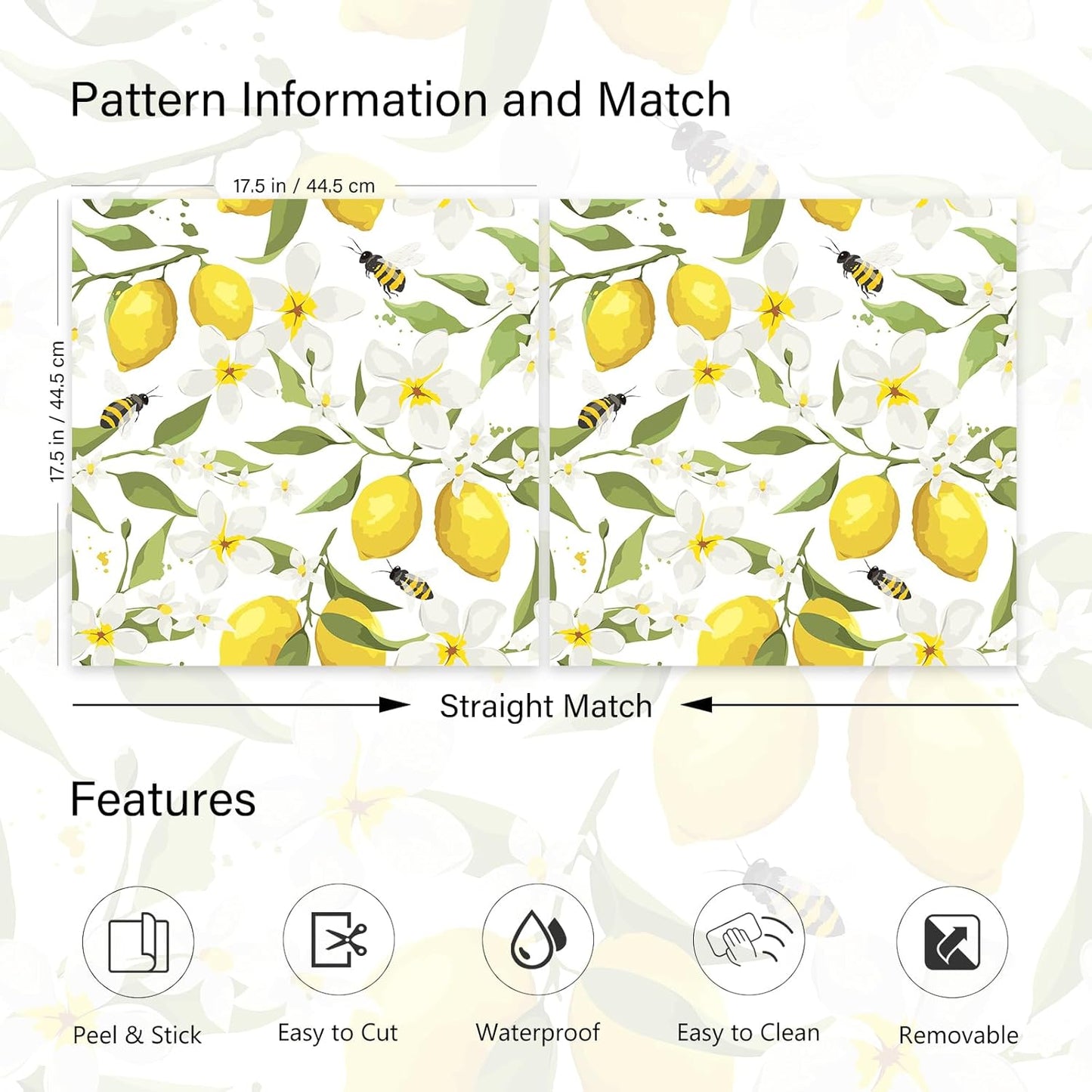 17.5"x275" Yellow Lemon Wallpaper Prepasted Bee Lemon Peel and Stick Wallpaper Floral Wall Paper White Flower Contact Paper for Cabinets and Drawers Walls Shelves Kids Bathroom Waterproof