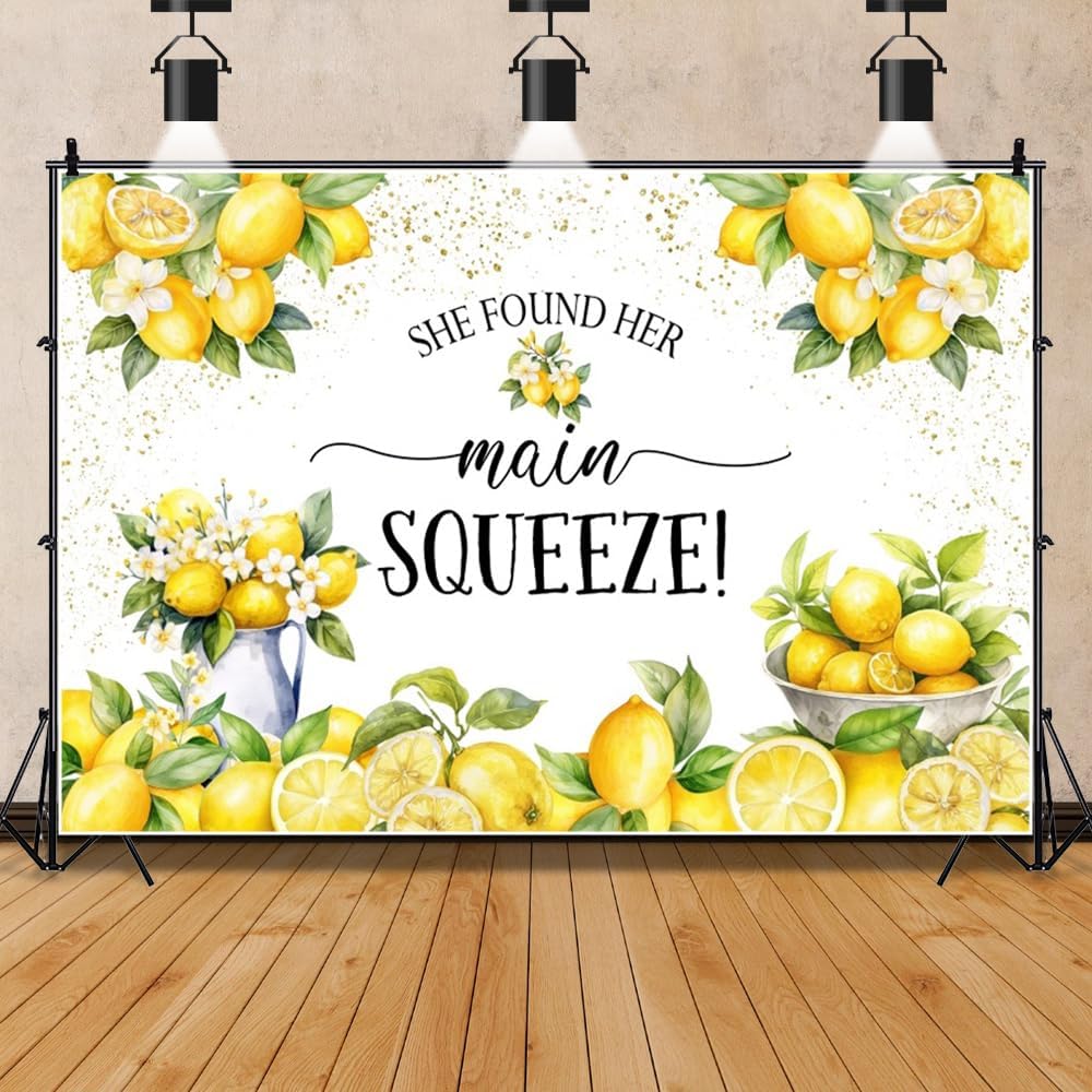 She Found Her Main Squeeze Lemon Backdrop Lemon Bridal Shower Decorations Background Miss to Mrs Newlywed Wedding Party Background Bride to Be Party Cake Table Banner Studio Props 6x4ft