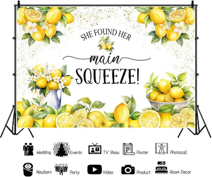 She Found Her Main Squeeze Lemon Backdrop Lemon Bridal Shower Decorations Background Miss to Mrs Newlywed Wedding Party Background Bride to Be Party Cake Table Banner Studio Props 6x4ft