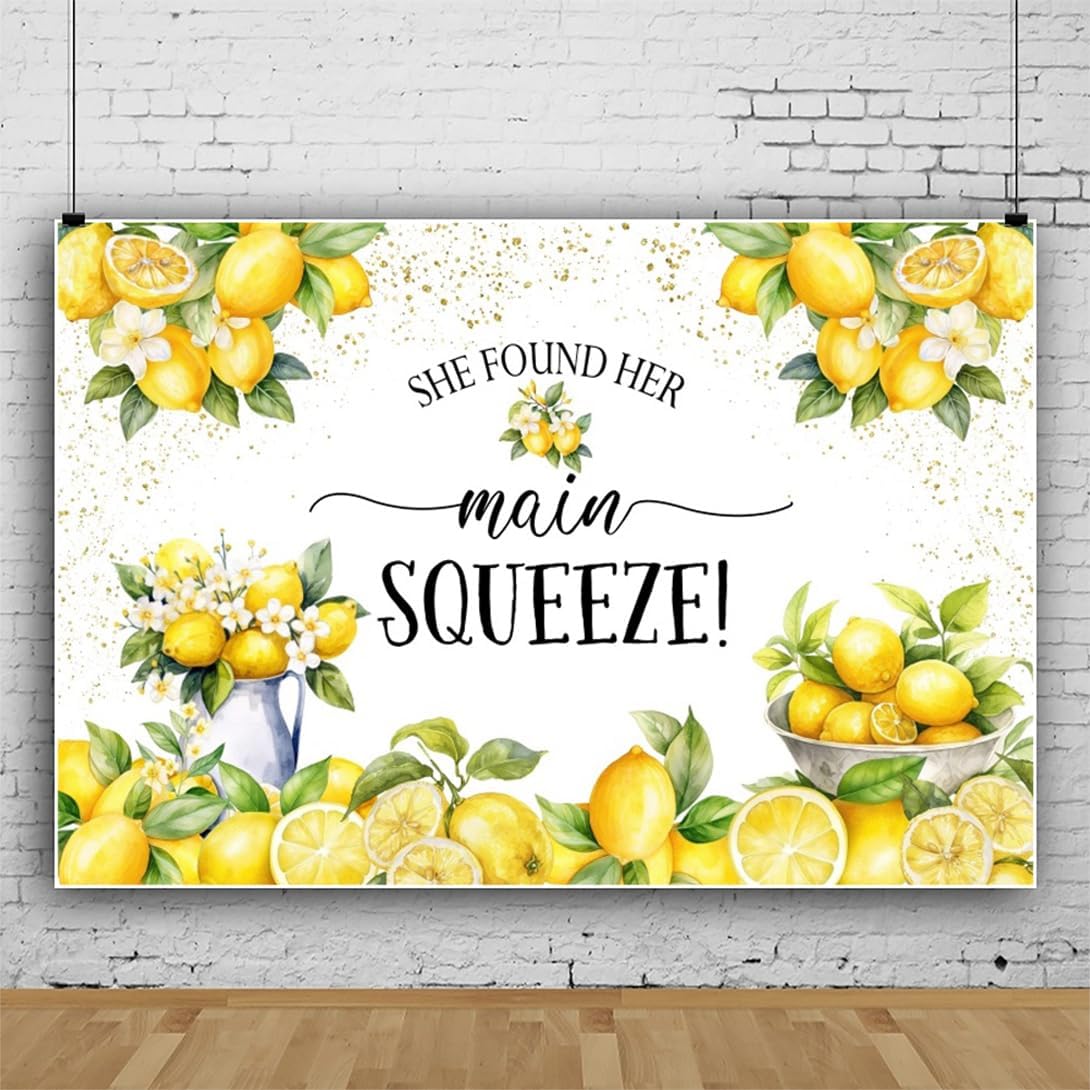 She Found Her Main Squeeze Lemon Backdrop Lemon Bridal Shower Decorations Background Miss to Mrs Newlywed Wedding Party Background Bride to Be Party Cake Table Banner Studio Props 6x4ft