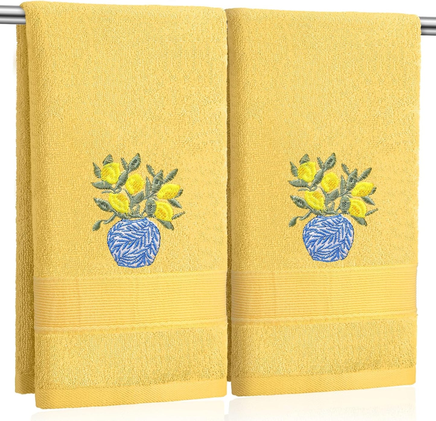 2 Pcs Chinoiserie Vase Lemon Hand Towels Bright Yellow Bathroom Decor 29.5x13.8 Inches Embroidered 100% Cotton Soft Absorbent Spring Summer Decorative Hand Towels for Bathroom Kitchen