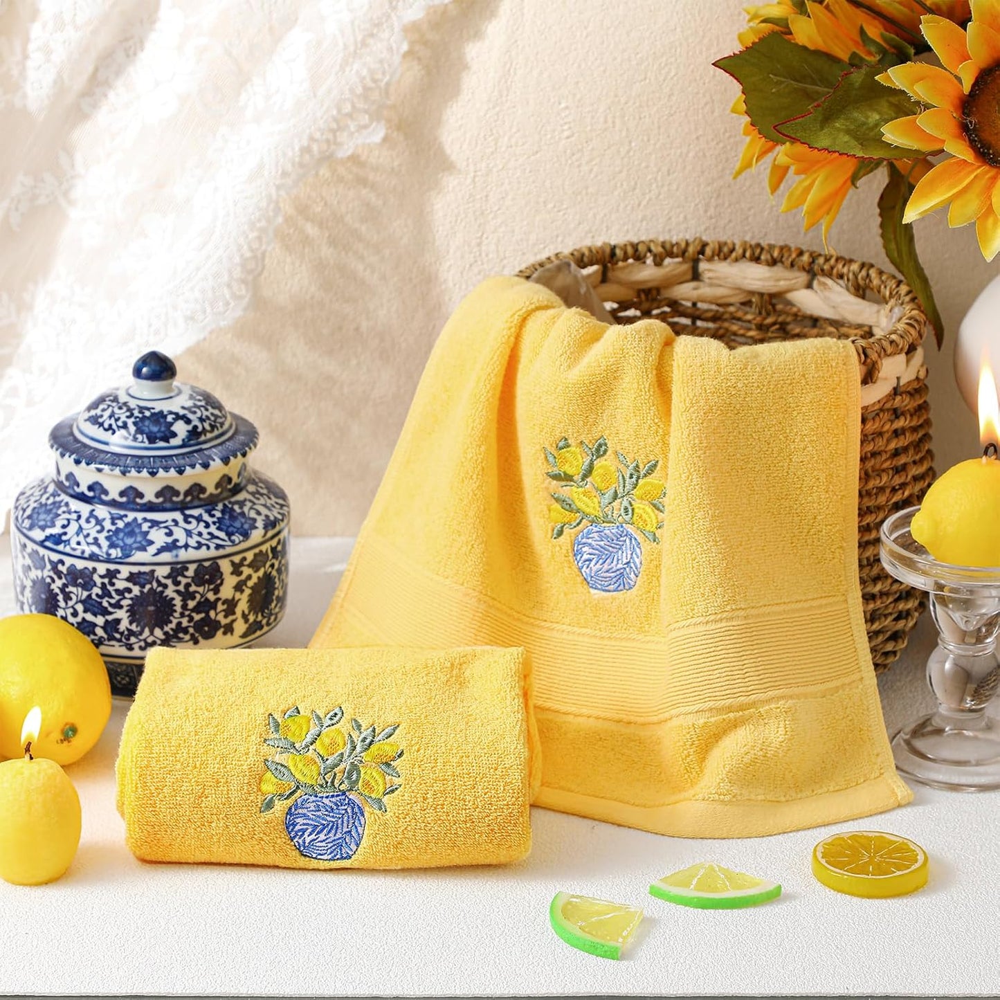 2 Pcs Chinoiserie Vase Lemon Hand Towels Bright Yellow Bathroom Decor 29.5x13.8 Inches Embroidered 100% Cotton Soft Absorbent Spring Summer Decorative Hand Towels for Bathroom Kitchen