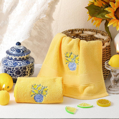 2 Pcs Chinoiserie Vase Lemon Hand Towels Bright Yellow Bathroom Decor 29.5x13.8 Inches Embroidered 100% Cotton Soft Absorbent Spring Summer Decorative Hand Towels for Bathroom Kitchen