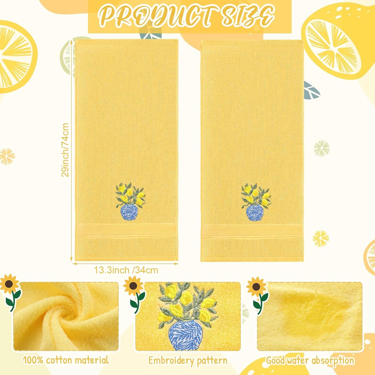 2 Pcs Chinoiserie Vase Lemon Hand Towels Bright Yellow Bathroom Decor 29.5x13.8 Inches Embroidered 100% Cotton Soft Absorbent Spring Summer Decorative Hand Towels for Bathroom Kitchen