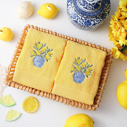 2 Pcs Chinoiserie Vase Lemon Hand Towels Bright Yellow Bathroom Decor 29.5x13.8 Inches Embroidered 100% Cotton Soft Absorbent Spring Summer Decorative Hand Towels for Bathroom Kitchen