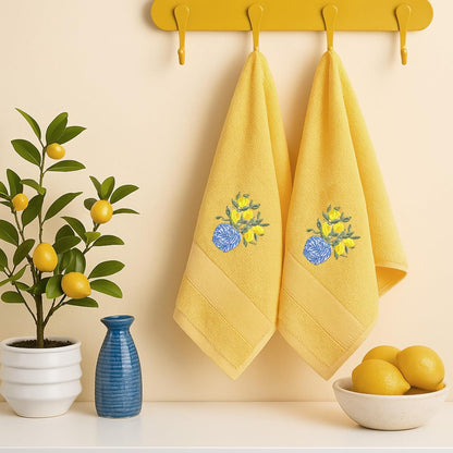 2 Pcs Chinoiserie Vase Lemon Hand Towels Bright Yellow Bathroom Decor 29.5x13.8 Inches Embroidered 100% Cotton Soft Absorbent Spring Summer Decorative Hand Towels for Bathroom Kitchen