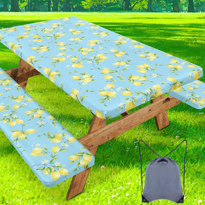 Picnic Table Cover with Bench Cover, Waterproof Elastic Fitted Tablecloth for 6 Foot Tables, Rectangle Washable Polyester Fabric Tablecloths for Picnic, Camping, Outdoor (Lemon, 30" x 72")
