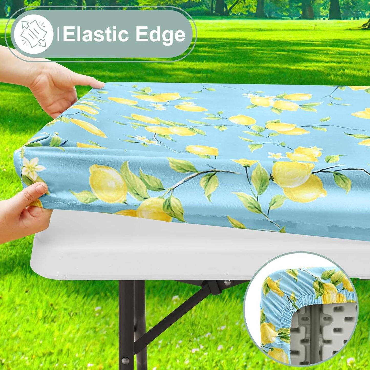 Picnic Table Cover with Bench Cover, Waterproof Elastic Fitted Tablecloth for 6 Foot Tables, Rectangle Washable Polyester Fabric Tablecloths for Picnic, Camping, Outdoor (Lemon, 30" x 72")
