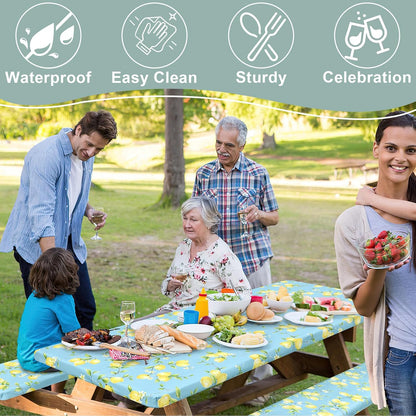 Picnic Table Cover with Bench Cover, Waterproof Elastic Fitted Tablecloth for 6 Foot Tables, Rectangle Washable Polyester Fabric Tablecloths for Picnic, Camping, Outdoor (Lemon, 30" x 72")
