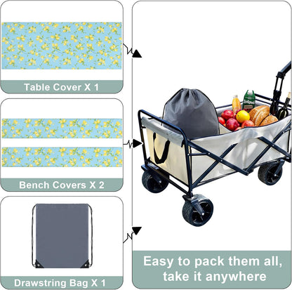 Picnic Table Cover with Bench Cover, Waterproof Elastic Fitted Tablecloth for 6 Foot Tables, Rectangle Washable Polyester Fabric Tablecloths for Picnic, Camping, Outdoor (Lemon, 30" x 72")