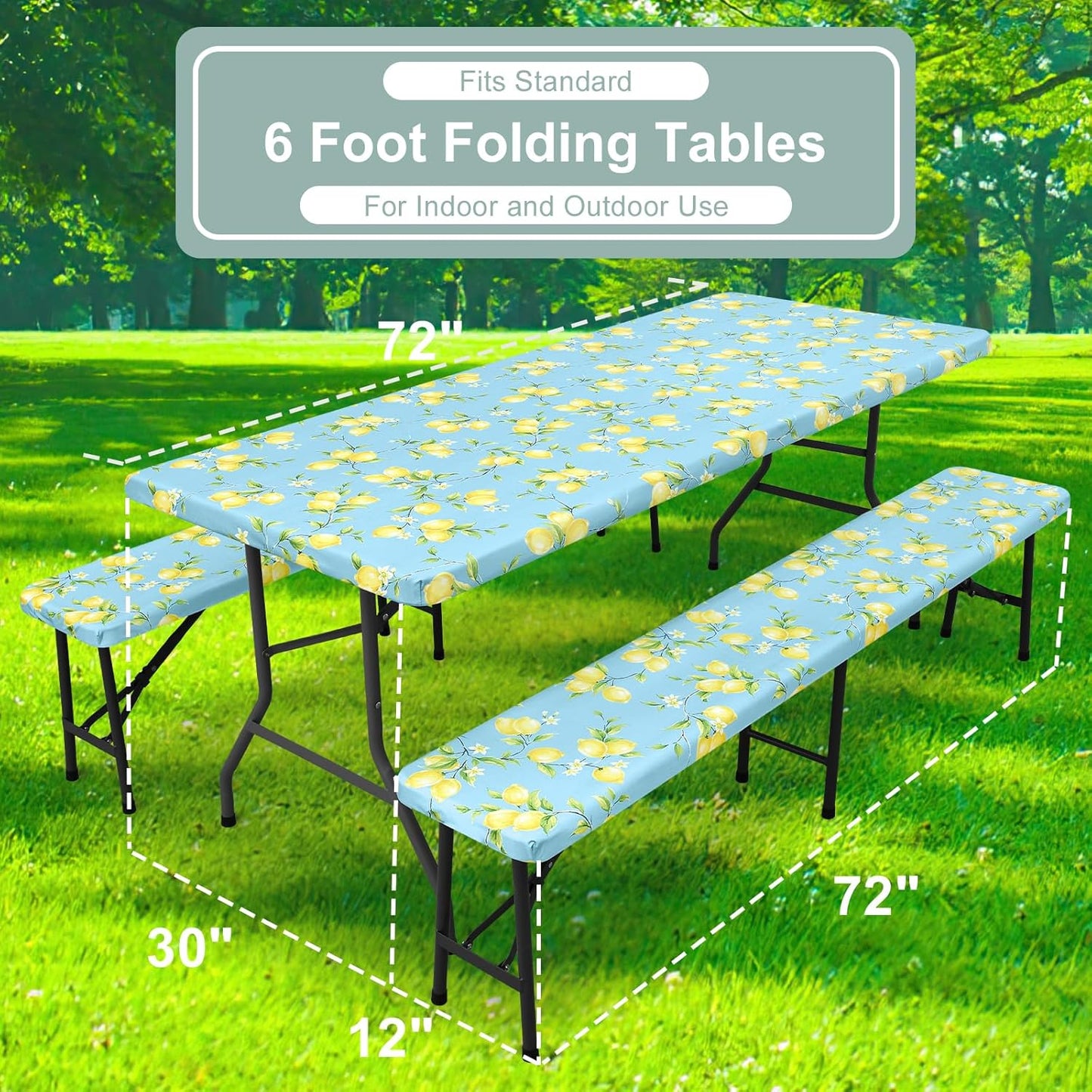 Picnic Table Cover with Bench Cover, Waterproof Elastic Fitted Tablecloth for 6 Foot Tables, Rectangle Washable Polyester Fabric Tablecloths for Picnic, Camping, Outdoor (Lemon, 30" x 72")