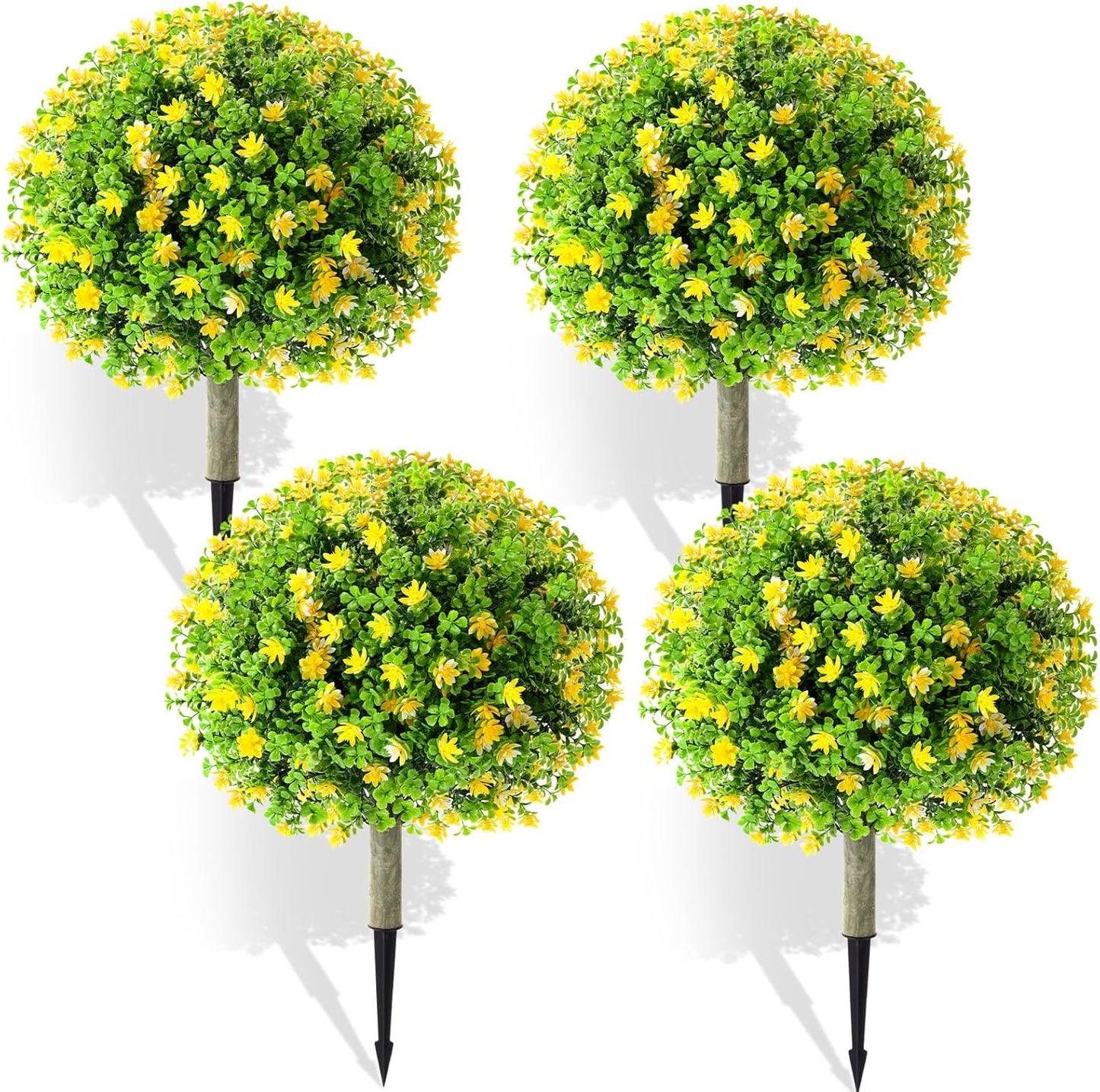 Set of 4 Artificial Topiary Ball Tree with Flowers 20 Inch Outdoor Topiary Tree with Ground Spike Fake Bushes UV Resistance Faux Shrubs Evergreen Plant for Front Porch Indoor Decor (Yellow)