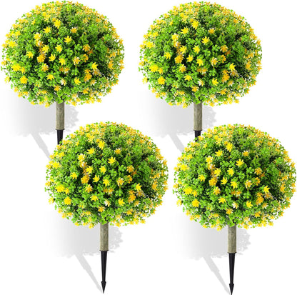Set of 4 Artificial Topiary Ball Tree with Flowers 20 Inch Outdoor Topiary Tree with Ground Spike Fake Bushes UV Resistance Faux Shrubs Evergreen Plant for Front Porch Indoor Decor (Yellow)