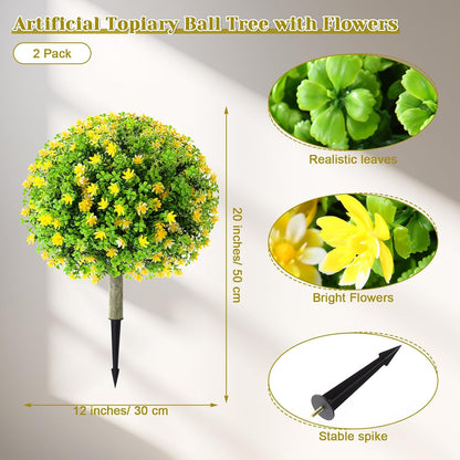 Set of 4 Artificial Topiary Ball Tree with Flowers 20 Inch Outdoor Topiary Tree with Ground Spike Fake Bushes UV Resistance Faux Shrubs Evergreen Plant for Front Porch Indoor Decor (Yellow)