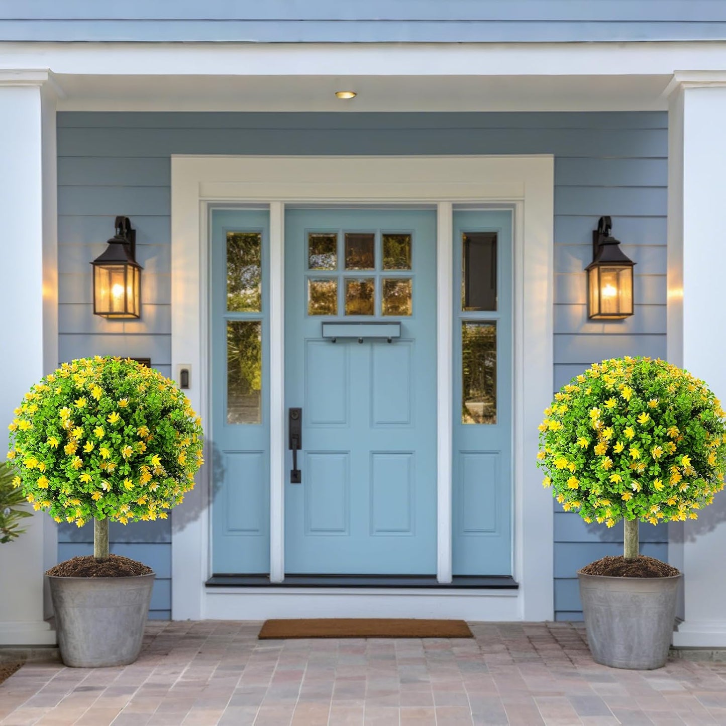 Set of 4 Artificial Topiary Ball Tree with Flowers 20 Inch Outdoor Topiary Tree with Ground Spike Fake Bushes UV Resistance Faux Shrubs Evergreen Plant for Front Porch Indoor Decor (Yellow)