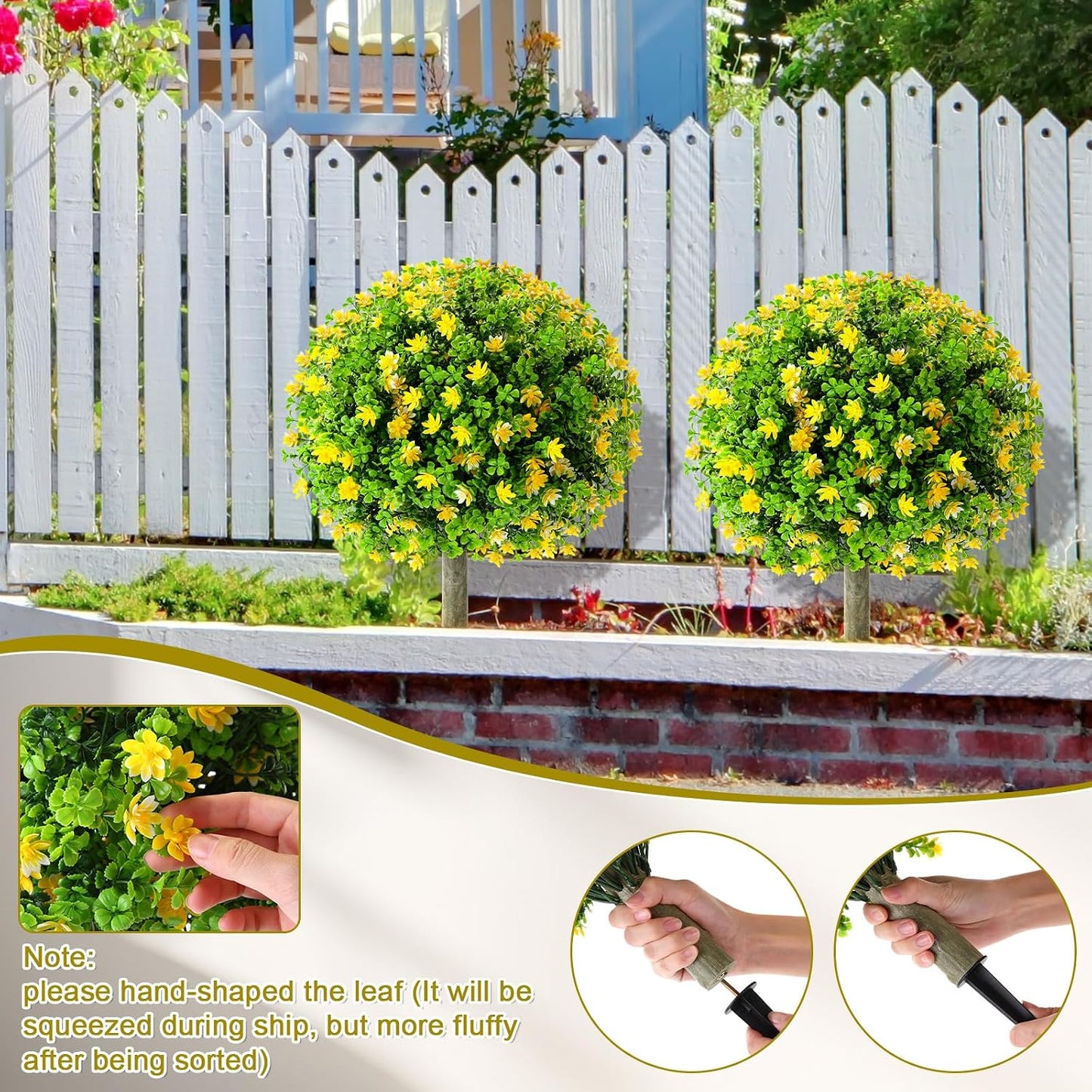 Set of 4 Artificial Topiary Ball Tree with Flowers 20 Inch Outdoor Topiary Tree with Ground Spike Fake Bushes UV Resistance Faux Shrubs Evergreen Plant for Front Porch Indoor Decor (Yellow)
