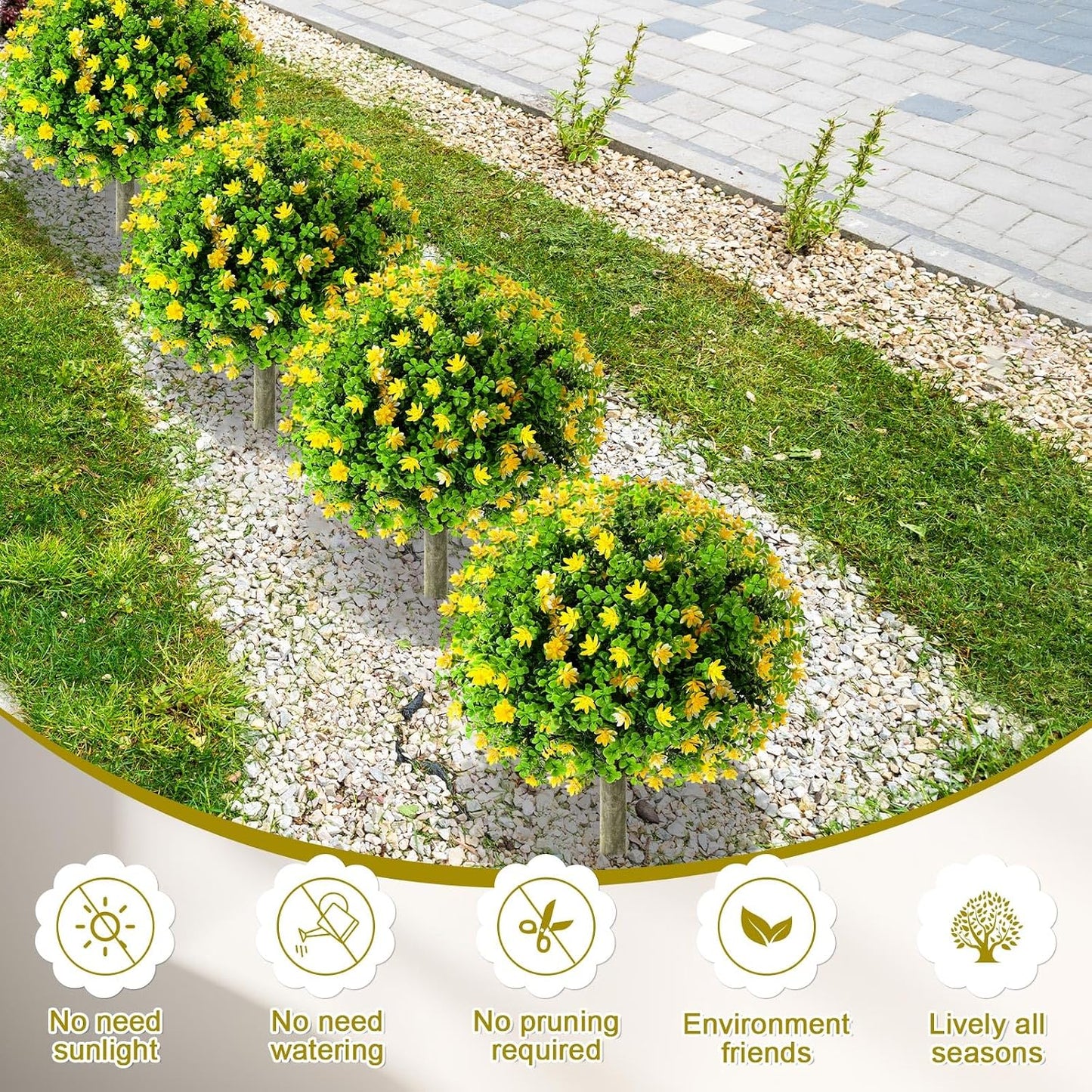 Set of 4 Artificial Topiary Ball Tree with Flowers 20 Inch Outdoor Topiary Tree with Ground Spike Fake Bushes UV Resistance Faux Shrubs Evergreen Plant for Front Porch Indoor Decor (Yellow)