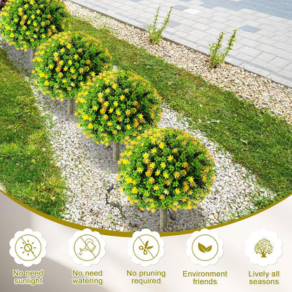 Set of 4 Artificial Topiary Ball Tree with Flowers 20 Inch Outdoor Topiary Tree with Ground Spike Fake Bushes UV Resistance Faux Shrubs Evergreen Plant for Front Porch Indoor Decor (Yellow)