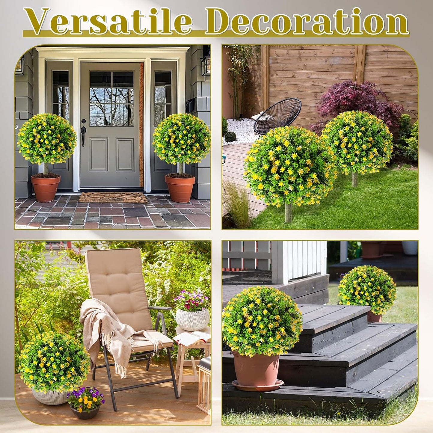 Set of 4 Artificial Topiary Ball Tree with Flowers 20 Inch Outdoor Topiary Tree with Ground Spike Fake Bushes UV Resistance Faux Shrubs Evergreen Plant for Front Porch Indoor Decor (Yellow)